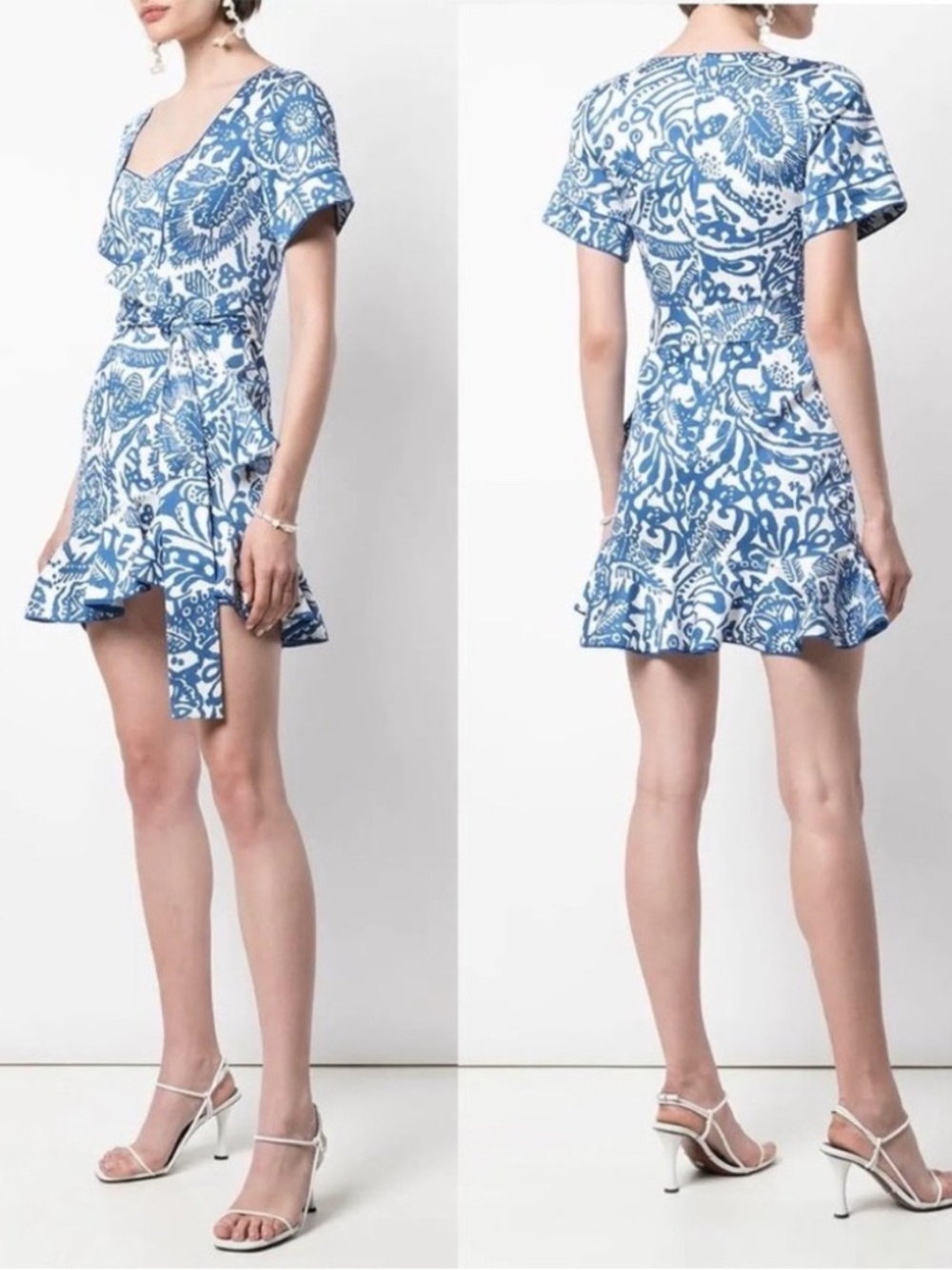 Alexis Berenna Blue White Tropical Mini Dress M Sweetheart Ruffle Resort Vacatio